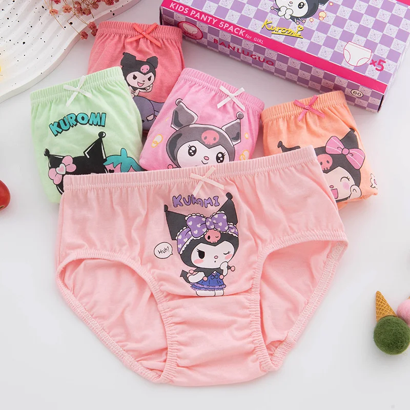 Sanrio Kuromi Anime Cartoon Print Underwear para Crianças, Cuecas De Algodão, Calções De Bebê Bonitos, Presente De Natal, Meninas, Kawaii, 5Pcs