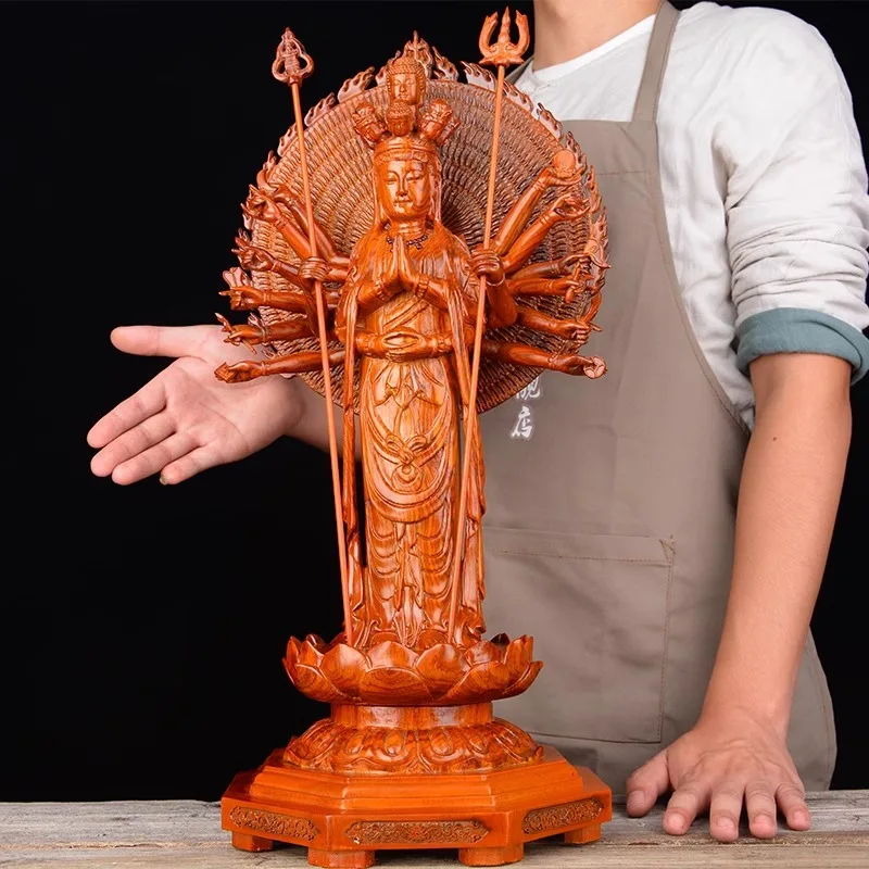 Wooden Carving Ornament Thousand Hand Guanyin Solid Wood Carving Home Decoration Worship Buddha Statue Temple Office Opening Cra