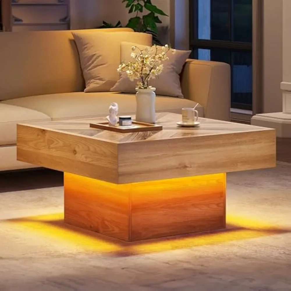 Coffee Table with Storage, Square Coffees Tables, Wood Led Coffee Table with 2 Sliding Drawers