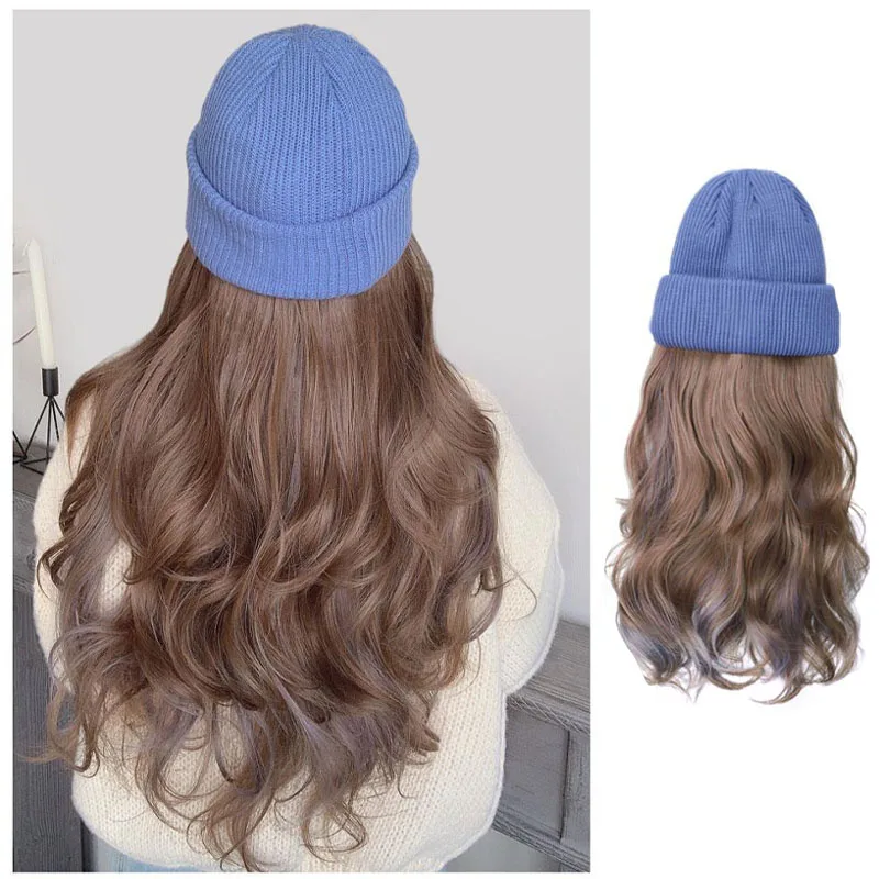 Synthetic long wave hat wig with blue Knitted hat black hair highlight smoke blue hair 18inch  Hat and wig all in one