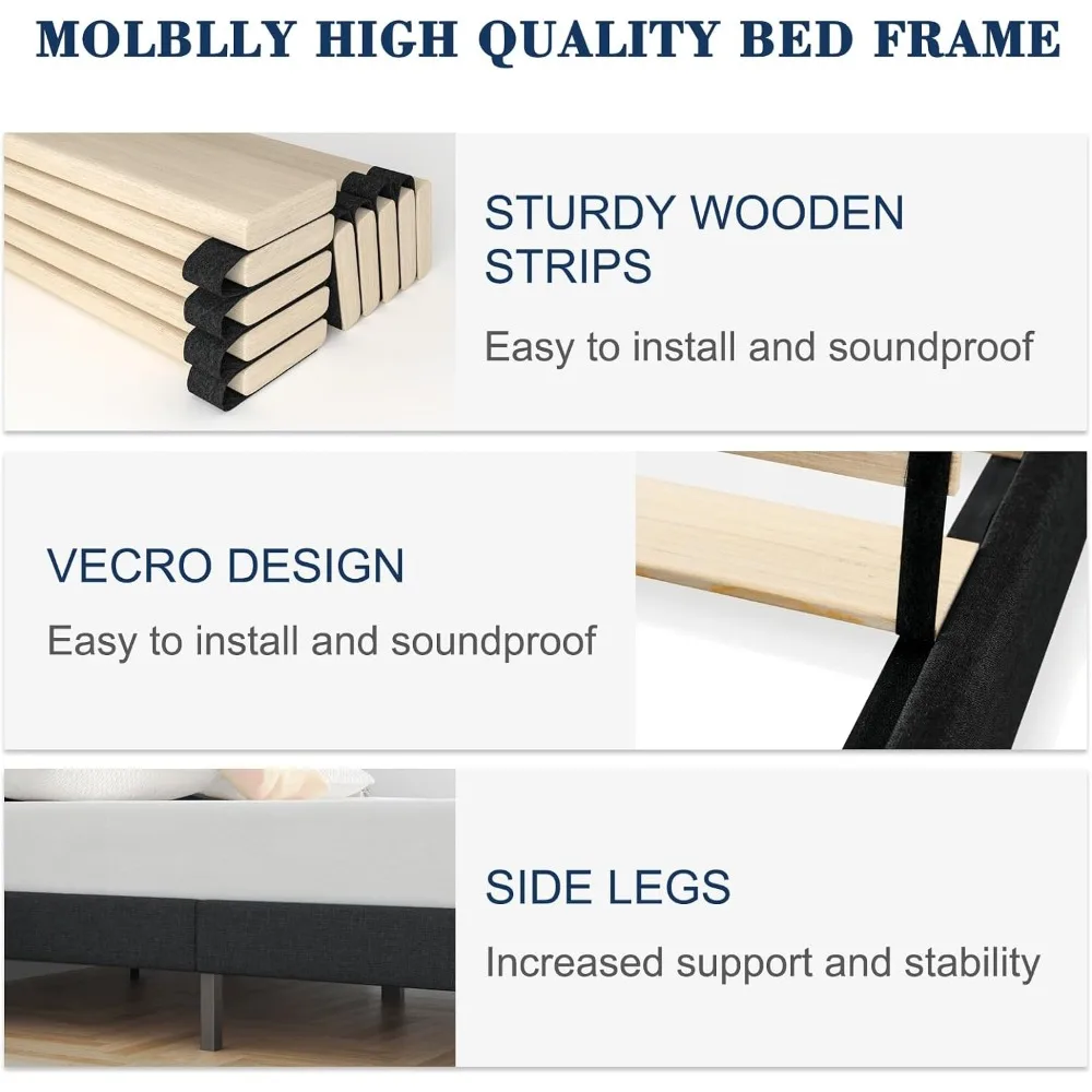 Bed Frame Upholstered Platform with Headboard and Strong Wooden Slats, Strong Weight Capacity, Non-Slip and Noise-Free