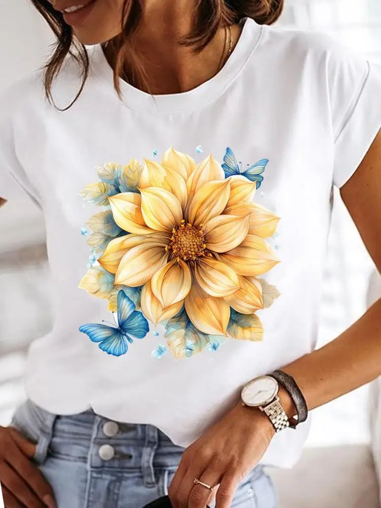 Watercolor Flower Clothes T Female Clothing For Women Graphic Tee Fashion Lady Casual Top O-neck Short Sleeve Print T-shirts