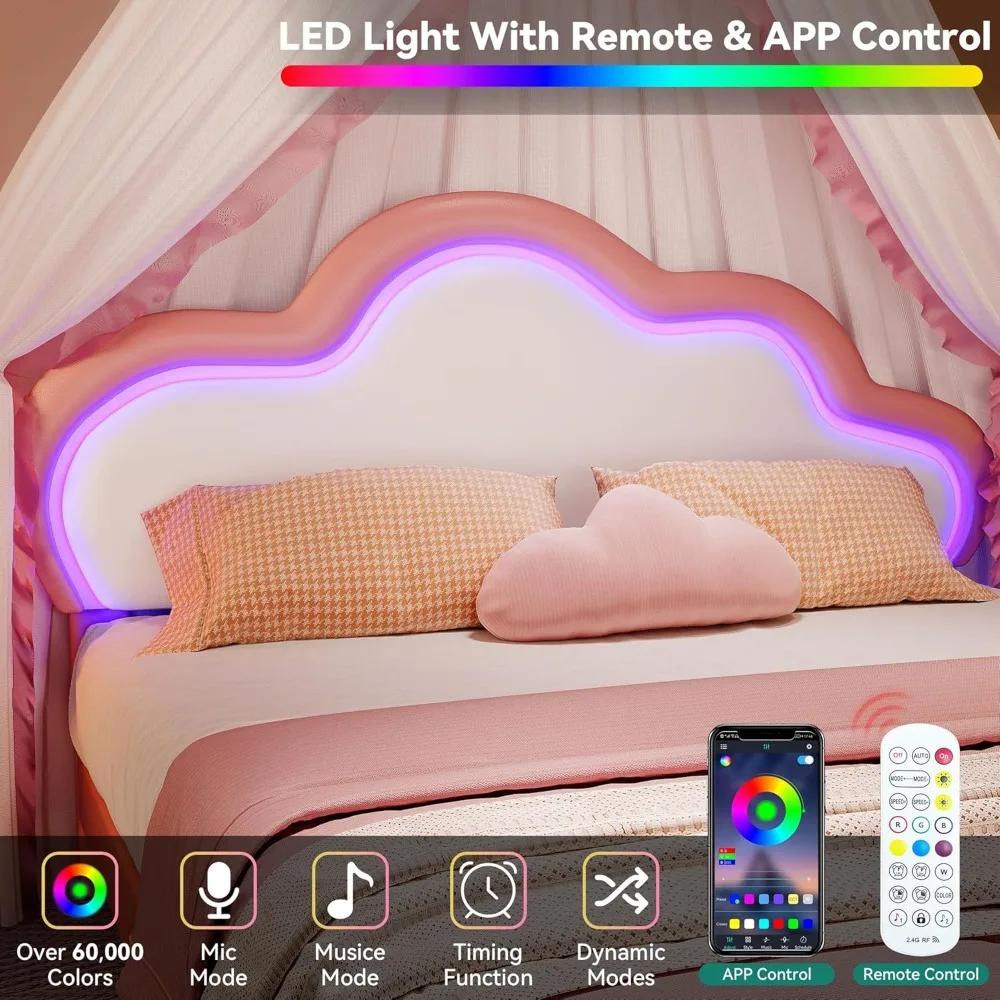 إطار سرير كامل وردي DWVO مع ضوء LED، سرير منجد من جلد البولي يوريثان، لوح رأسي قابل للتعديل، سرير بمنصة LED، دعامة خشبية،