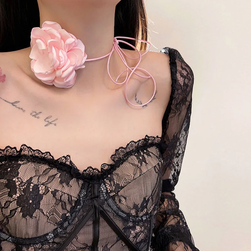 Large Flower Choker For Women Short Necklace String Knot Style Aesthetic Fashion New Item Cute Romantic Party Jewelry 2023339