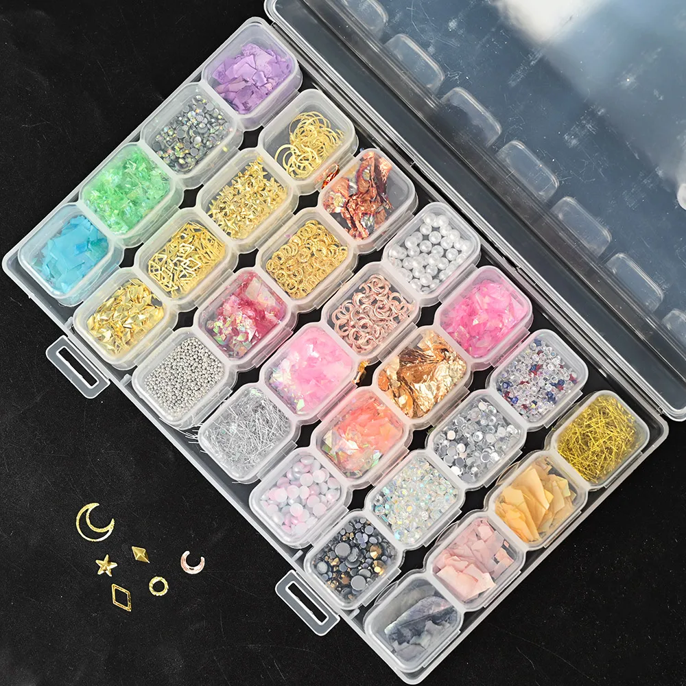 

28mini-Box Multi Mixed Decorations Nail kit (Shell Piece,Resin Butterful,Rivet,3D Pearl) Nail Embellishment Decor Charm Set 15DS