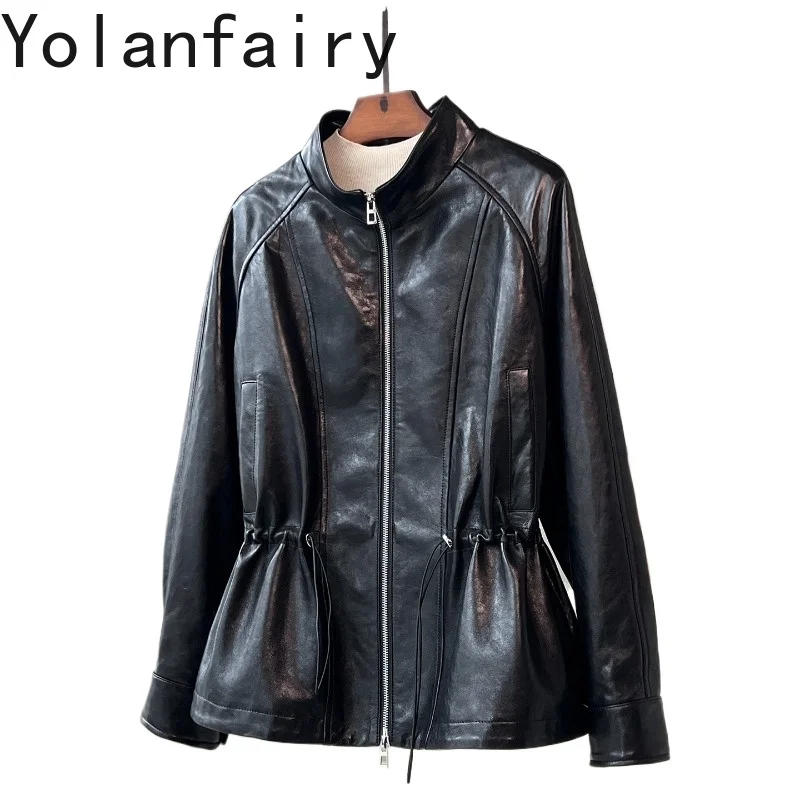 YOLANFAIRY High Quality Real Sheepskin Trench Coat Woman 2026 Elegant 100% Genuine Leather Jacket Women Waisted Outerwears Trend
