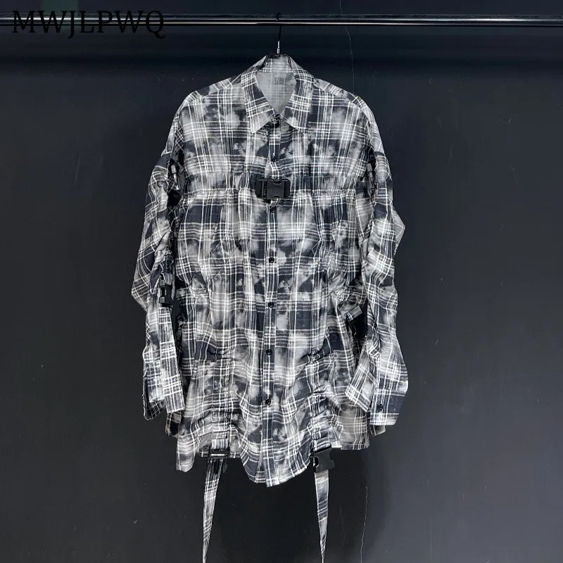 

MWJLPWQ Lace Up Design Shirt For Men 2025 New Plaid Lapel Loose Casual Clothing Long Sleeve Women Couples Tops Fashion 11447