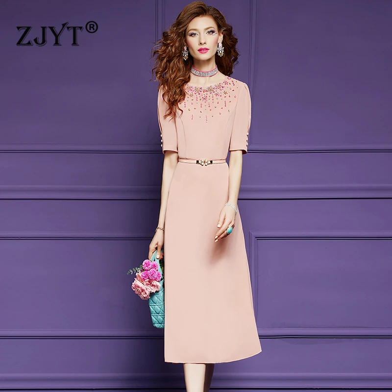 

ZJYT Women's Luxury Beading Pink Dress Summer Designer Short Sleeve Midi Formal Occasion Party Dress Office Work Wear Plus Size