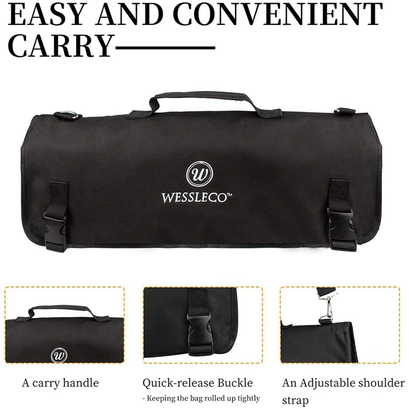 AA81-2X WESSLECO Knife Bag Nylon Chef Roll Bag With 8 Pocket For Kitchen Accessories Portable Knives Case Holder