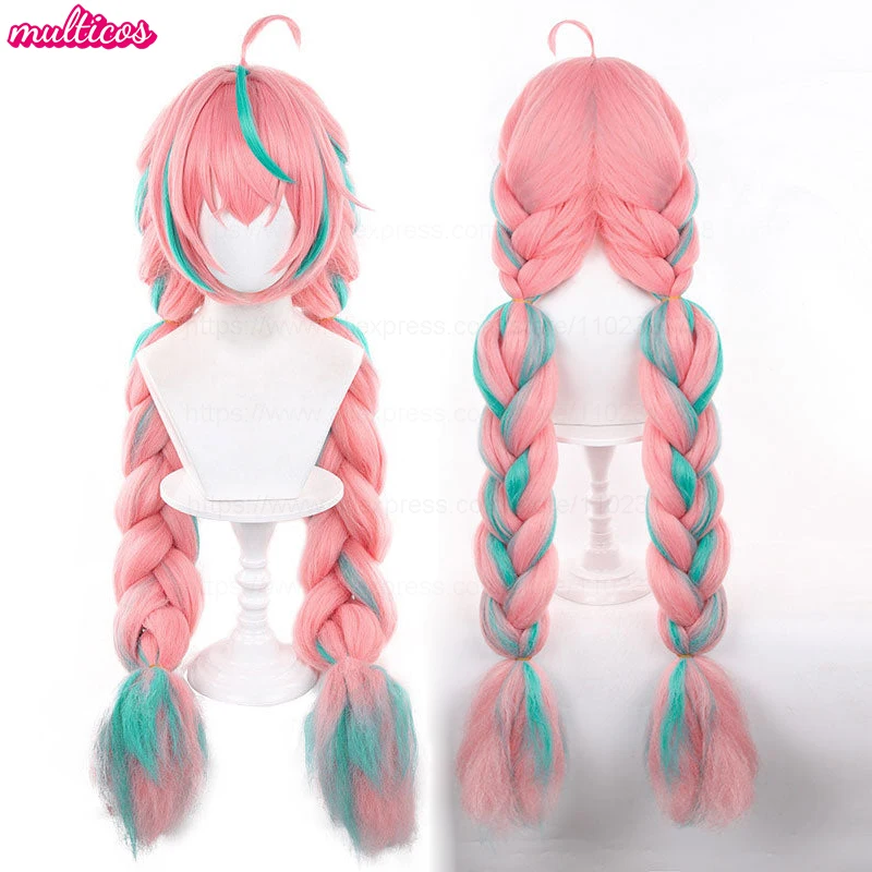 

High Quality Varesa Cosplay Wig 100cm Long Braided Pink Green Mixed Heat Resistant Synthetic Hair Anime Cosplay Wigs + Wig Cap