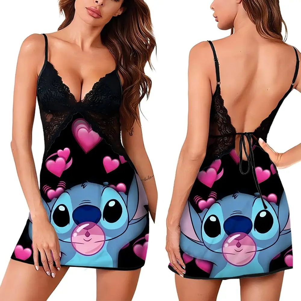 

Disney Cartoon Pattern Nightwear for Women Sexy Chic Female Short Style Sleeping Dress Summer New Women's Suspender Lace Skirt