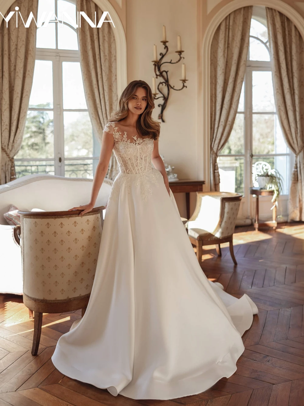 

Ivory Beaded A-line Satin Long Wedding Dress With Buttons Elegant Oneck Bridal Gown New Customized Dreamy Dresses For Bride