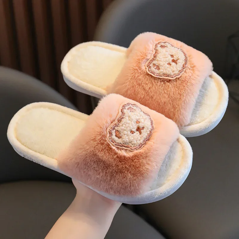 New Winter Kids Plush Slippers Children\'s Indoor Slides Non-Slip Soft Mule Girls Boys Warm House Cotton Shoes