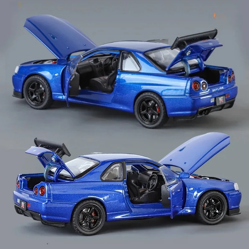 

1:32 Nissan Skyline GTR R34 спортивный автомобиль из сплава металла, литая под давлением модель автомобиля, звук и свет, праздничная игрушка, подарок, коллекционные украшения для хобби