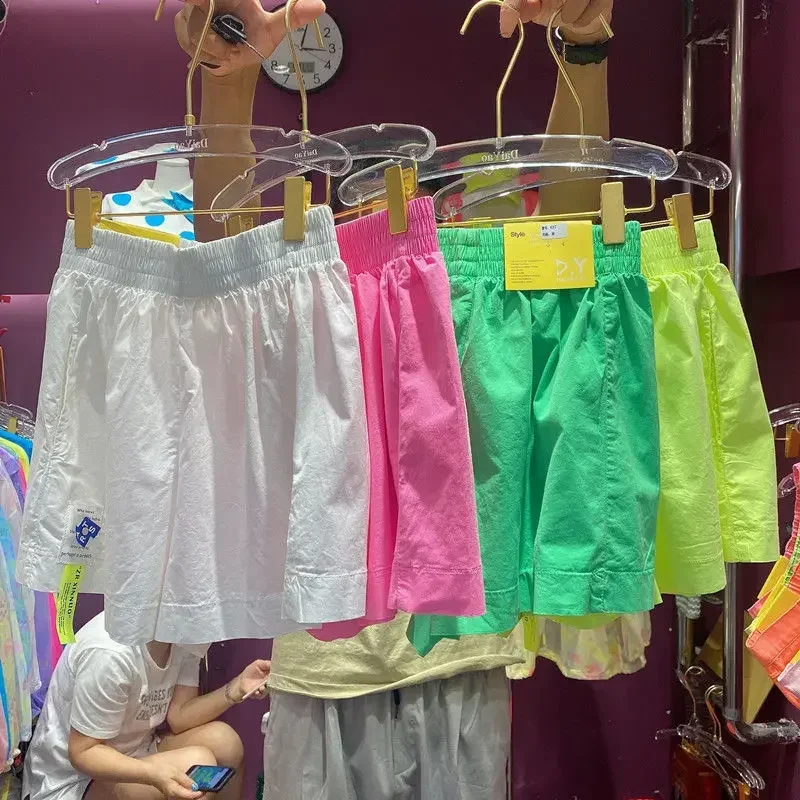 Shorts femininos de cintura alta cor doce, casual de rua, calças curtas com rotulagem de pernas largas, amarelo neon, coreano, verão, B824