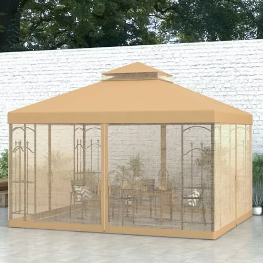 Patio Gazebo with  Fe Shelves Double Roof Outdoor  Shelter with Netting in Beige for Wedding Catering Events and Patio Use
