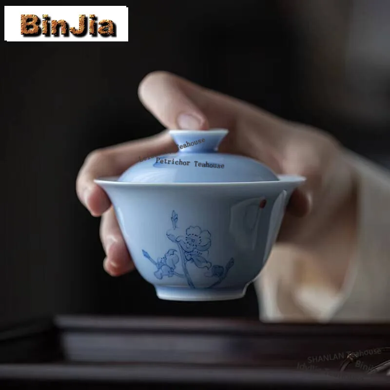 

100ml Sky Blue Handmade Cover Bowl Household Handpainted Peony Gaiwan Antique Anti Scald Tea Tureen Tea Maker Cafes Colllection