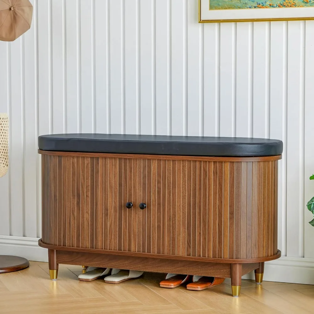 

39.4 Storage Shoe Bench with Padded Seat Cushion,2-Tier Sliding Shoe Bench with Adjustable Shelf for Entryway, Living Room, Bedr