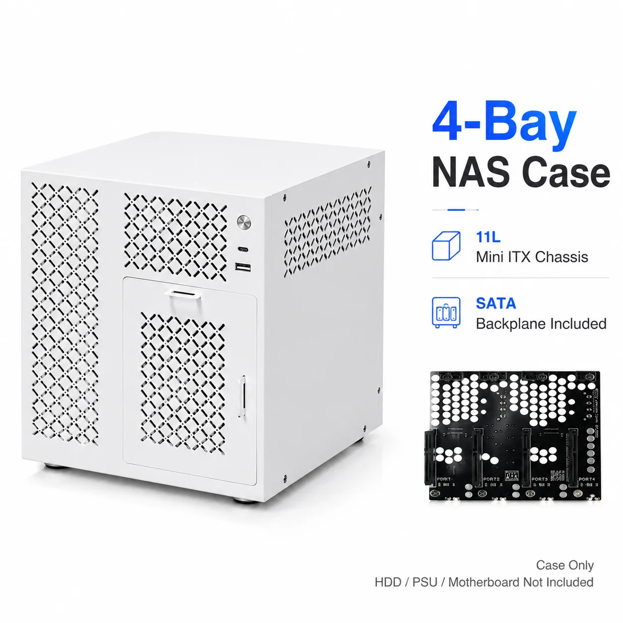 Корпус для NAS на 4 отсека, серверный корпус Mini ITX, 11 л, белый, с блоком питания SFX, горячая замена HDD 3.5, SATA-бэклейн, Type-C, компьютерный корпус