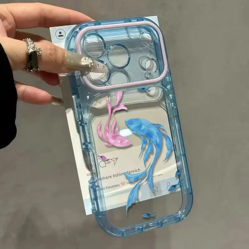 Cute Watercolor Koi Fish Print Clear Phone Case For iPhone 18 Pro 17 16 15 14 13 12 11 16Pro Max Contrast Color Lens Bezel Cover