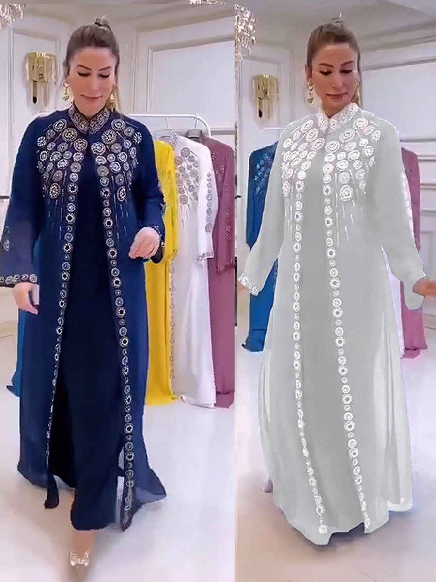 Jalabiya Dresses Eid Muslim Women Chiffon Stand Collar Kaftan Long Sleeve Dress Abaya Party Ramadan Abayas Caftan Vestidos Largo