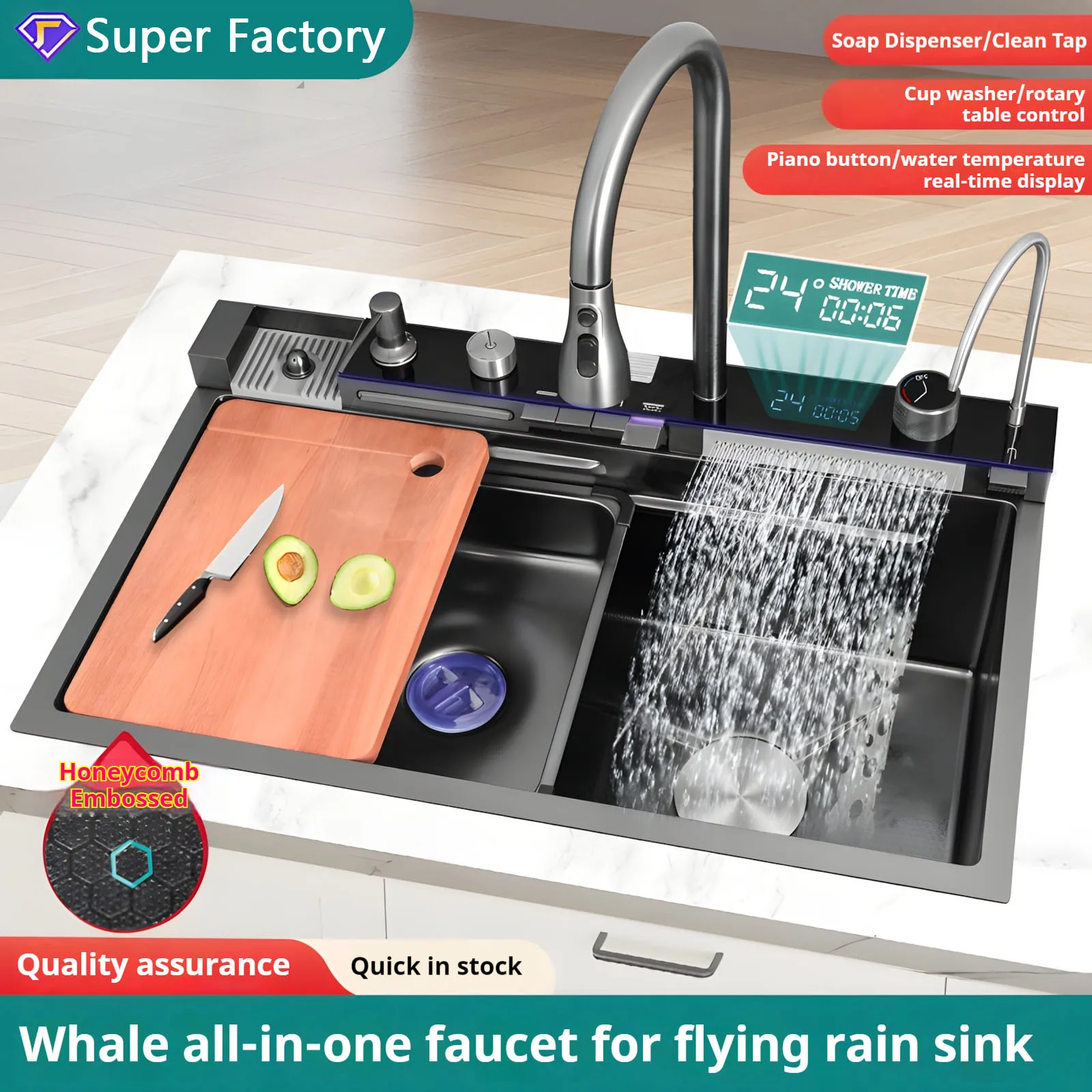 Black Stainless Steel Waterfall Kitchen Sink Multifuctional Faucets Simple Style Large Single Slot Kitchen Accessories