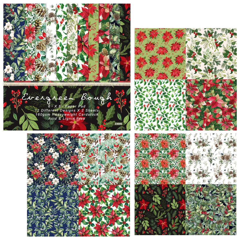 Alinacutle Evergreen Bough Christmas 24 sheets 6" Patterned Paper Pad For Scrapbooking Handmade Craft Background  Album Paper