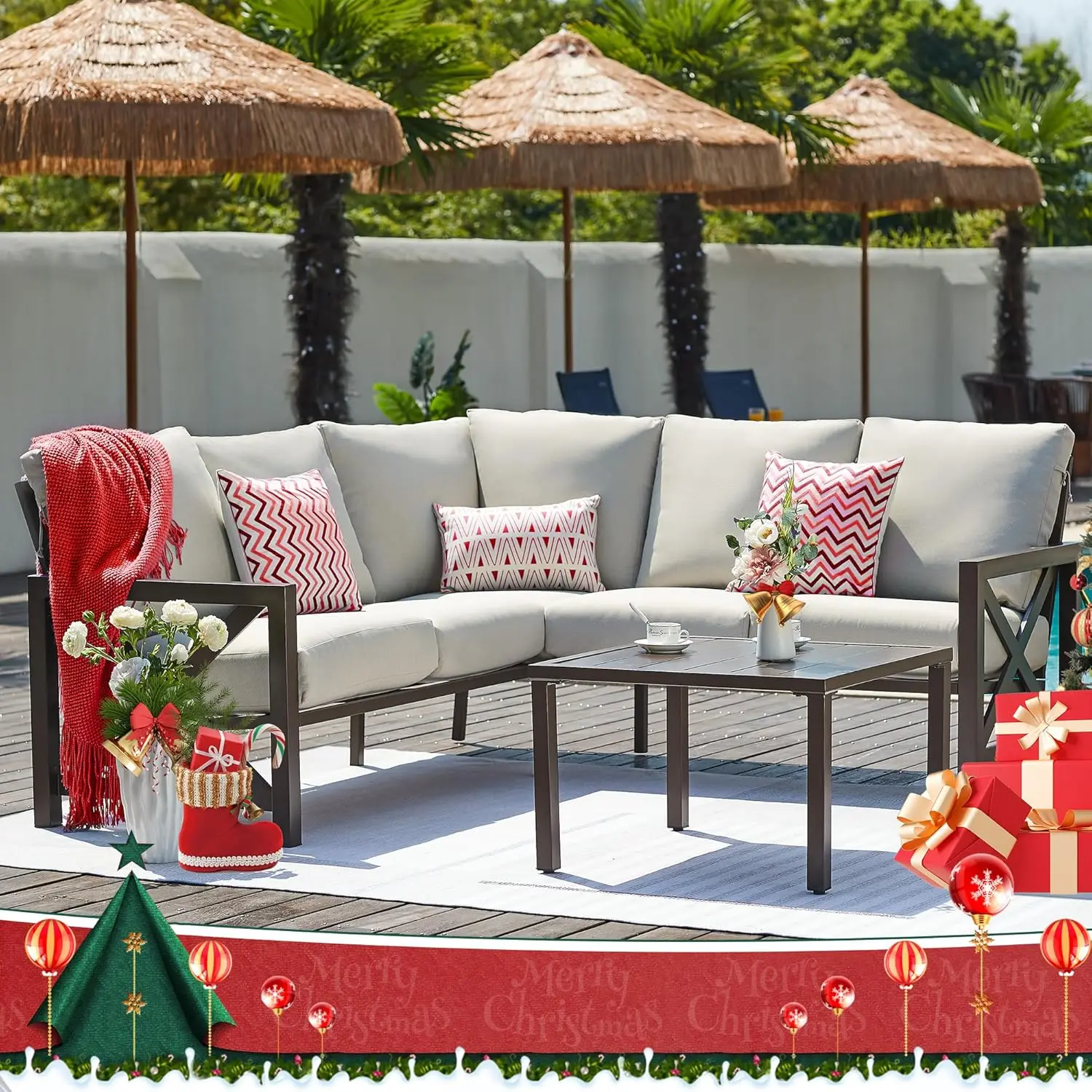 

6 Pieces Patio Furniture Sets, Metal Outdoor Sectional Furniture L Shape Patio Conversation Sets,6.5" Olefin Cushions USA