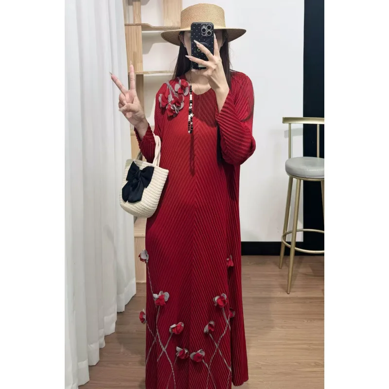 Dr plissé d'automne avec décoration florale 3D et ceinture Design européen Sle Long Sve A-Line Dr pour femmes d'âge moyen