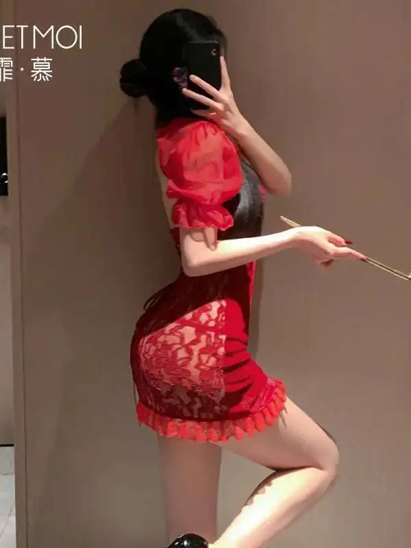 WOMENGAGA Chinese Style Short Sleeve Mini Dress Feimu New Year Velvet Lace Cheongsam Uniform Sexy Split Dress Elegant 2JV3