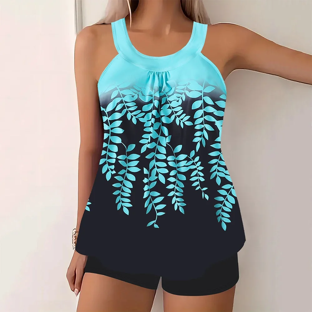 Women's Tankini Swimsuit Set, Floral Print Backless Two-Piece Swimwear, Fashionable Beachwear with Tank Top & Shorts Sexy Bikini