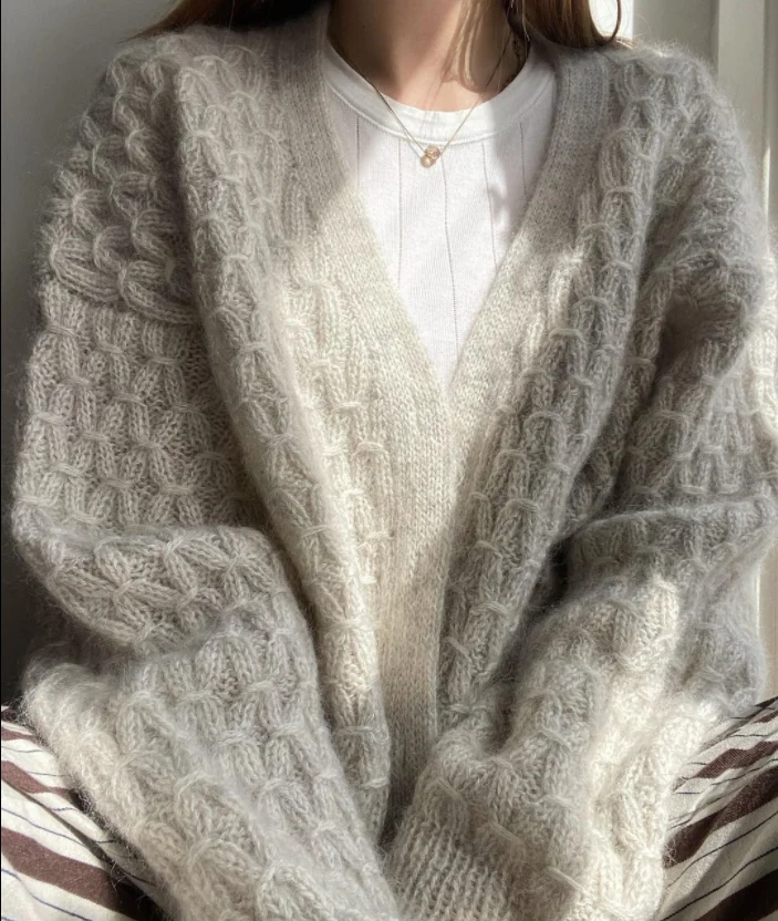 2024 Spring Fashion New Product Light Gray Long sleeved Cardigan Mohair Sweater Hollow Knitted Women\'s Handmade Knitted Coat