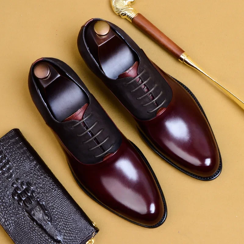 Elegant Genuine Cow Leather Brogue Wedding Business Men Casual Flats Vintage Handmade Oxford Shoes For Men Black Burgundy