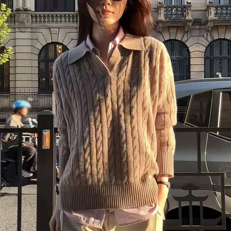 Womens Casual Knit Sweater Eight Strand Knit Long Sleeve Polo Collar Stylish And Versatile Knitwear Everyday Casual Outfit