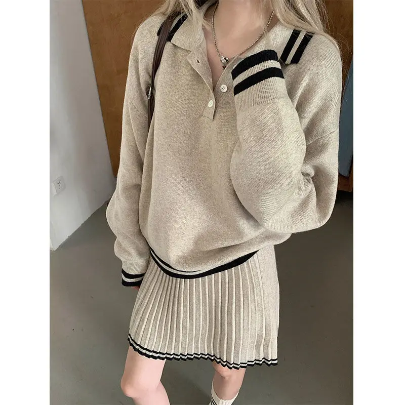 Academy Style Knitwear Pullover Skirt 2024 New Autumn POLO Collar Top Pleated Skirt Small Two-Piece Set