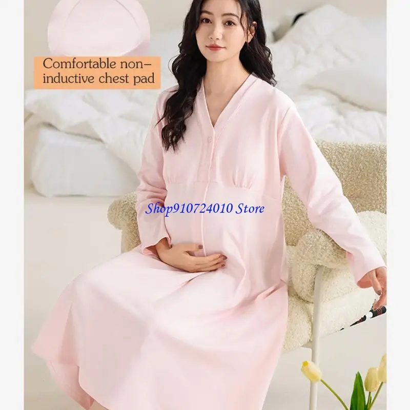 

77HD Long Sleeve Nursing Nightgown Soft Cotton Maternity Sleepwear Build In Support Breastfeedin for Pregnancy & Postpartum