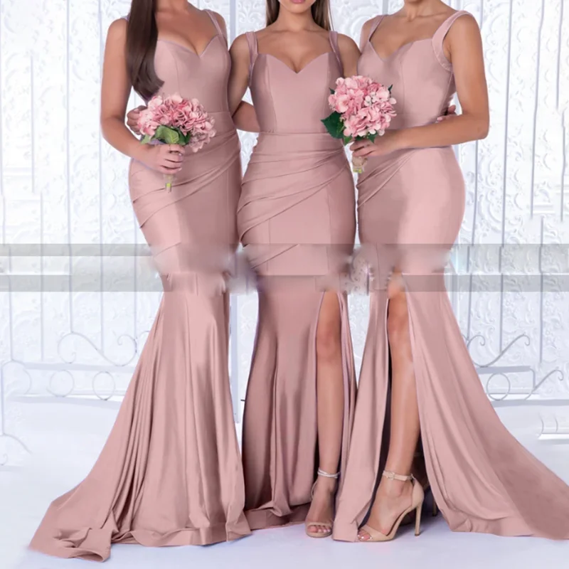 

Rose Pink Trumpet Bridesmaid Dresses Side Split Spaghetti Pleat Mermaid Long Maid Of Honor Dress Party