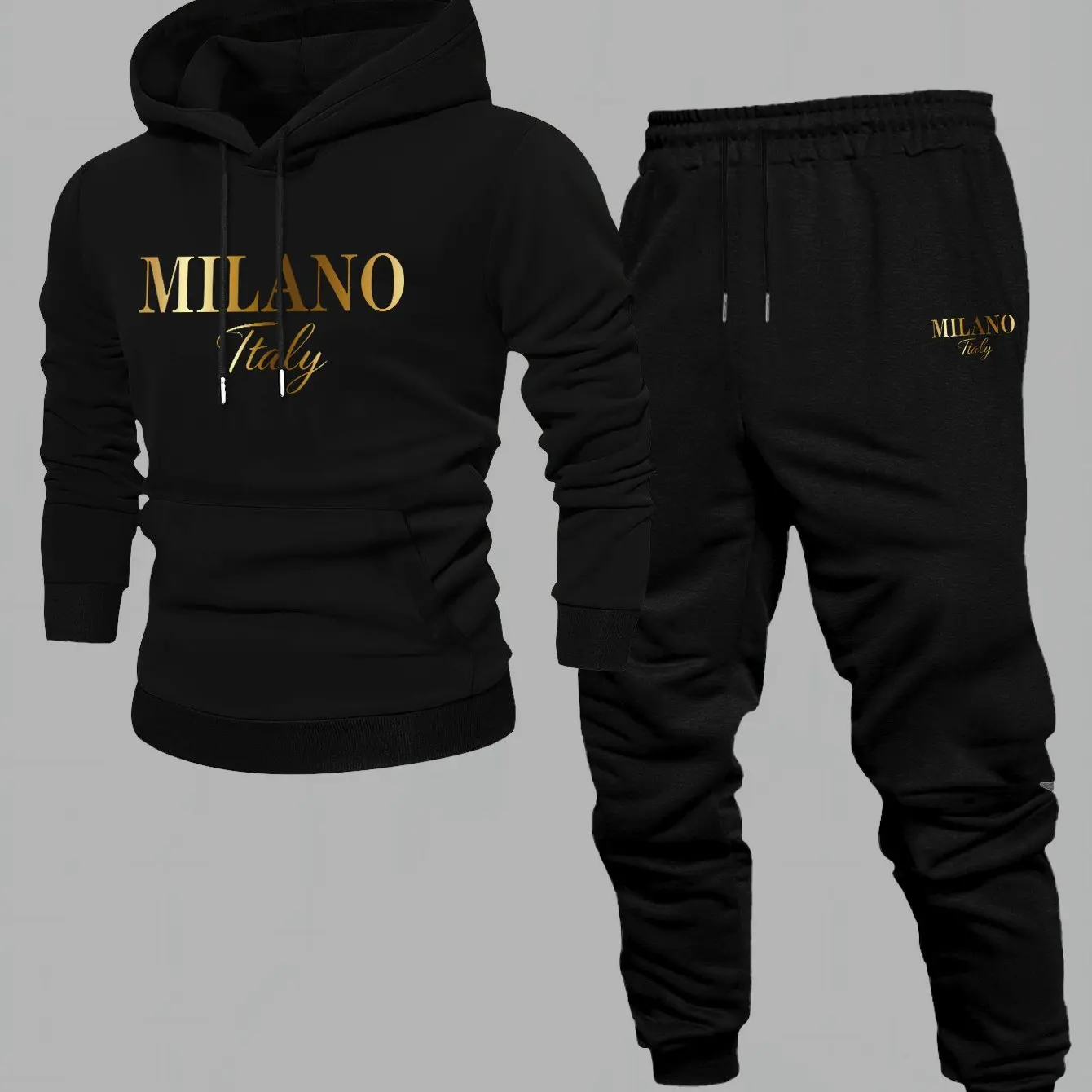 Lined Autumn/Winter New Men's Printed Hoodie Casual 2pcs, Long Sleeve Hooded Sweatshirt and Drawstring Casual Pants For Couples