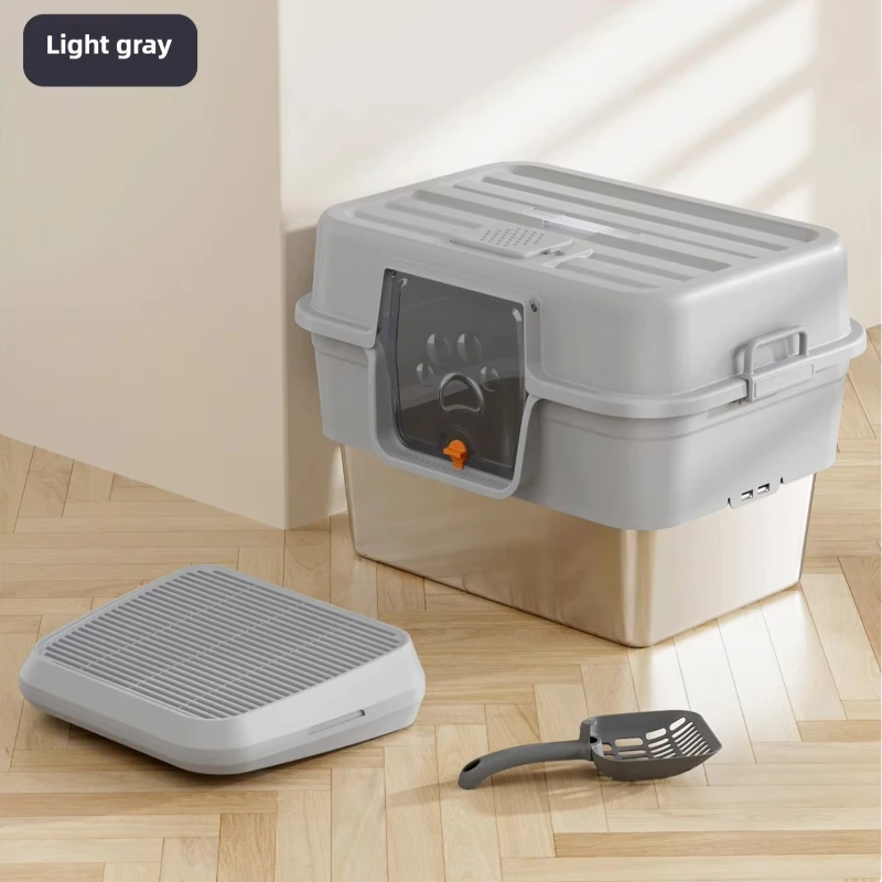 Vollständig geschlossene, übergroße Katzentoilette, tragbare Toilette aus Edelstahl und Kunststoff mit Spritz- und Urinenschutzzubehör