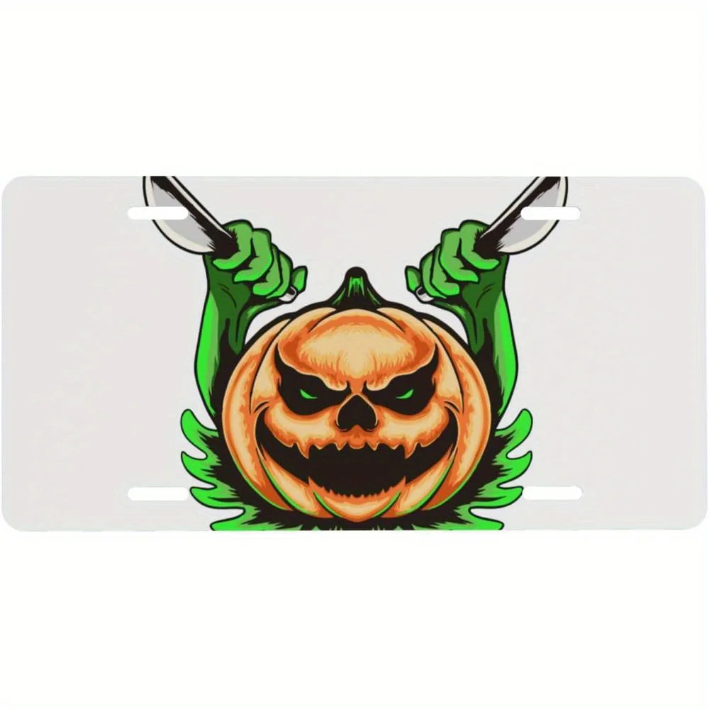 2D Flat - [Open ]2D Flat Car P Car P 15.24X30.48 cm Horror Pumpkin Knife Tool Plaque Protective Cover Car Decoration Front Licen