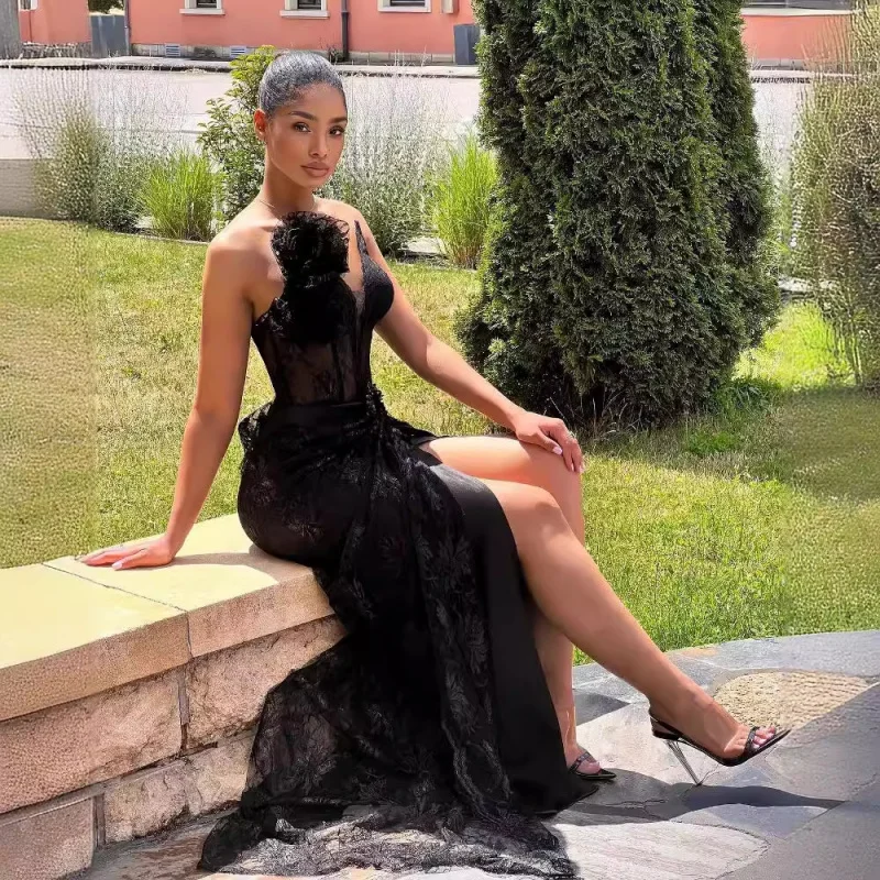 

2025Новое поступление, сексуальное черное кружевное платье с глубоким вырезом на талии, модное темное вечернее платье