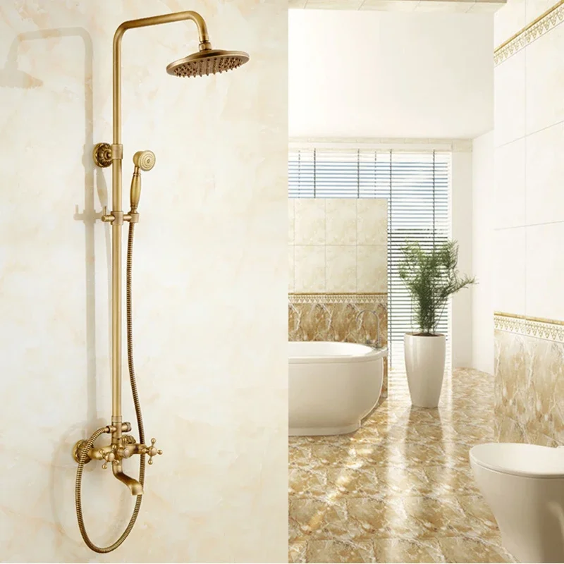 Shower Faucets Antique Brass Wall Moutned Bathroom Faucets Set 8