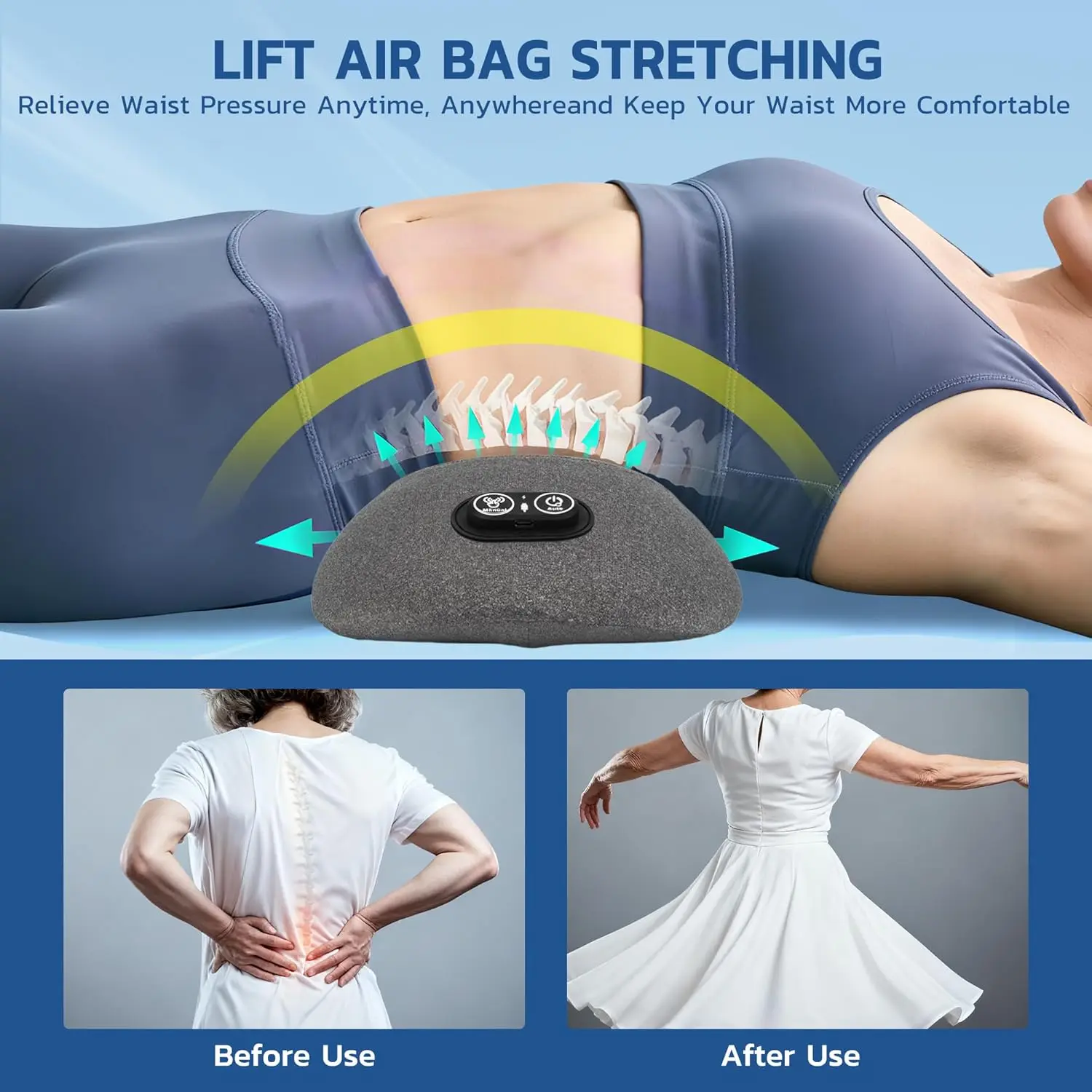 Okayso 3 in 1 Lumbar Support Pillow, Electric Lower Back Massager Waist Decompression Devices Heat Vibration - view 4