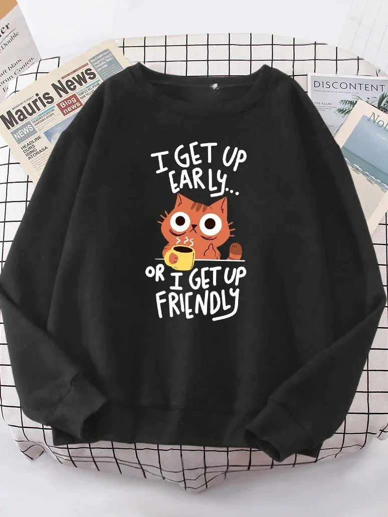

Женские толстовки с круглым вырезом в стиле Харадзюку, зима-осень, модная толстовка с капюшоном, повседневный удобный женский спортивный костюм I Get Up Are Lazy Cute Cat