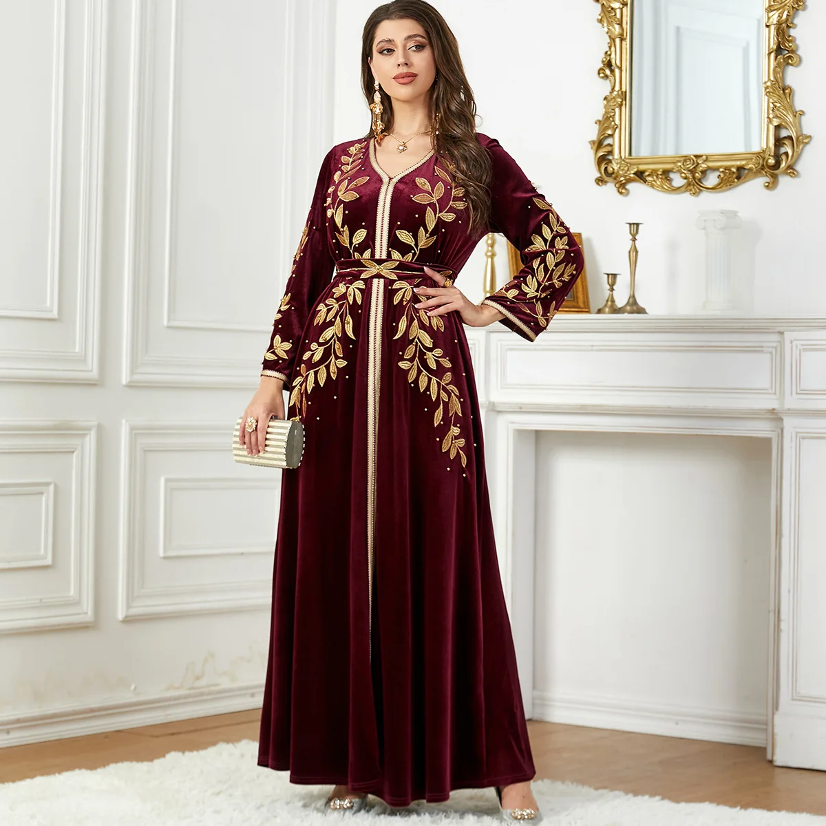 abaya muslim women solid color Autumn and winter embroidered beaded velvet dress traditional muslim clothing accessories 3753