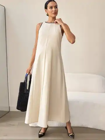 Beige Sleeveless Maternity Dress Ankle Length Casual Summer Women