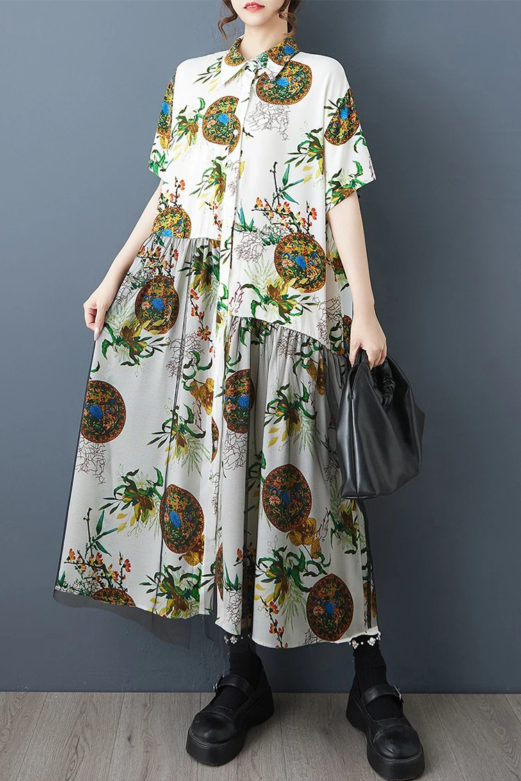 NYFS 2025 Letnia luźna sukienka damska plus size Sukienka z siateczki Sukienka z krótkim rękawem Długa sukienka z nadrukiem Odzież damska