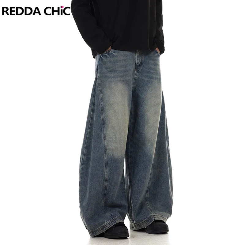 REDDACHIC Vintage Wash Do Old Baggy Jeans Men Low Waist Whiskers Stitch Blue Oversize Denim Wide Leg Pants Casual Korean Clothes