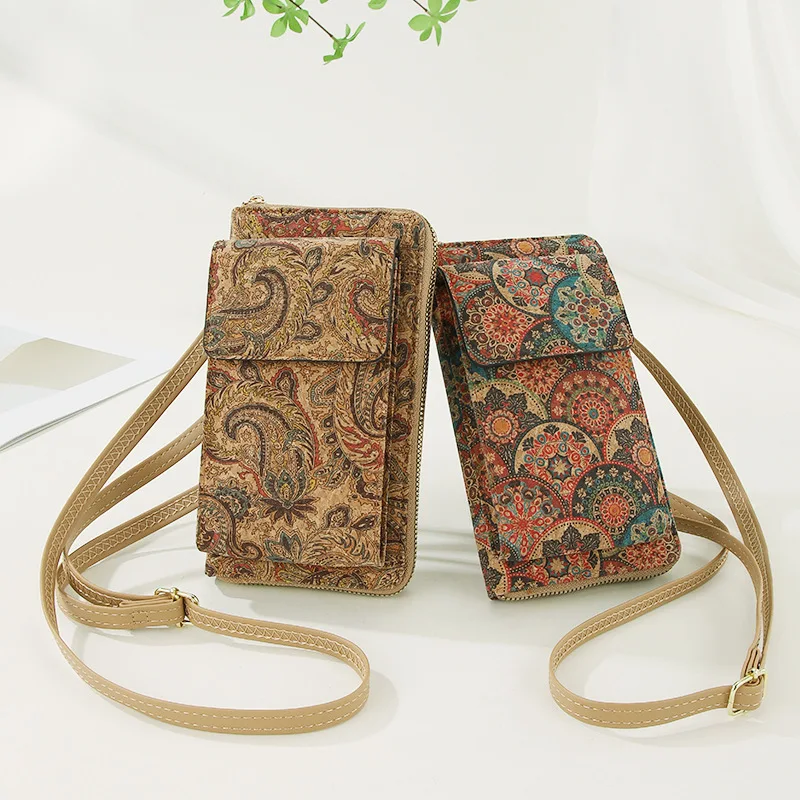 8pcs Wallet Cork Leather National Printing Retro Vertical Model Phone Crossbody Bag