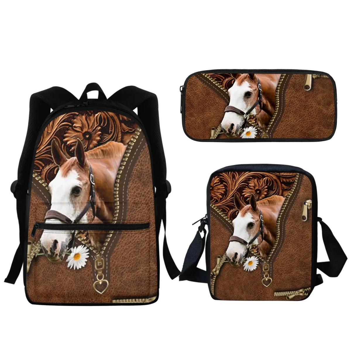 Fashion Animal Horse Luxury Design 3Pc Primary School Bags Boys Girls Kids Large Capacity Backpack Lunch Bag Pencil Case New